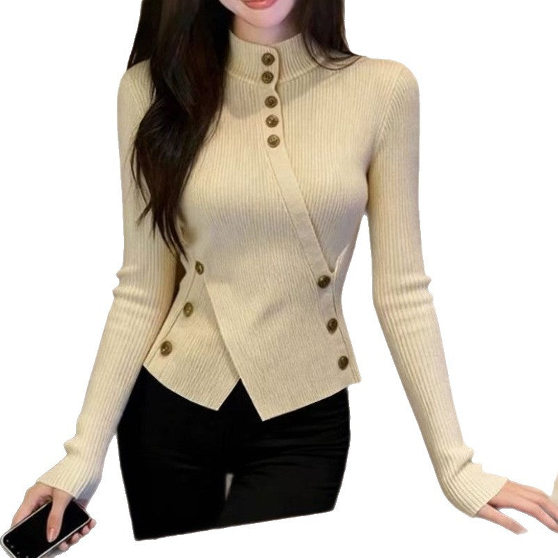 Autumn And Winter Retro Apricot Semi-high Neck Knitted Sweater Women's Fitted Base Shirt Long Sleeve Top