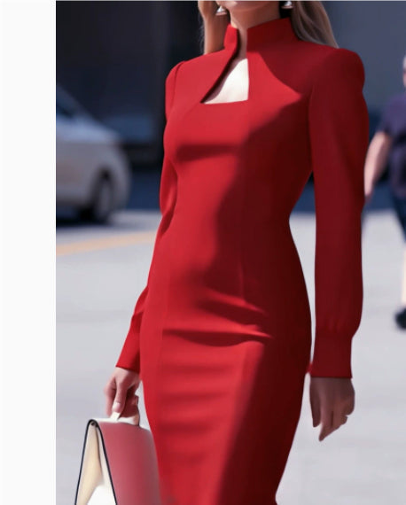 Autumn And Winter Commuting Banquet Party High-neck Long-sleeve Slim-fit Slimming Dress For Women