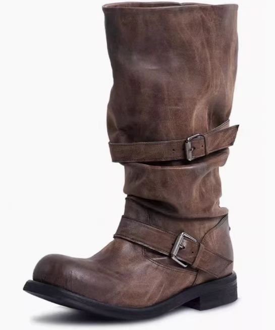 Chunky-heeled Vintage Distressed Mid-calf Boots Womens