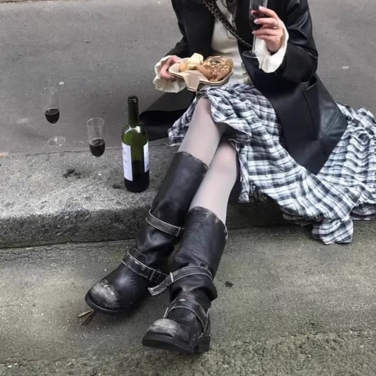 Chunky-heeled Vintage Distressed Mid-calf Boots Womens